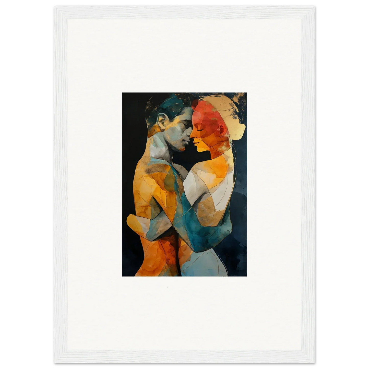 Framed wall art of abstract figures in embrace, perfect for ethereal whispers room decor