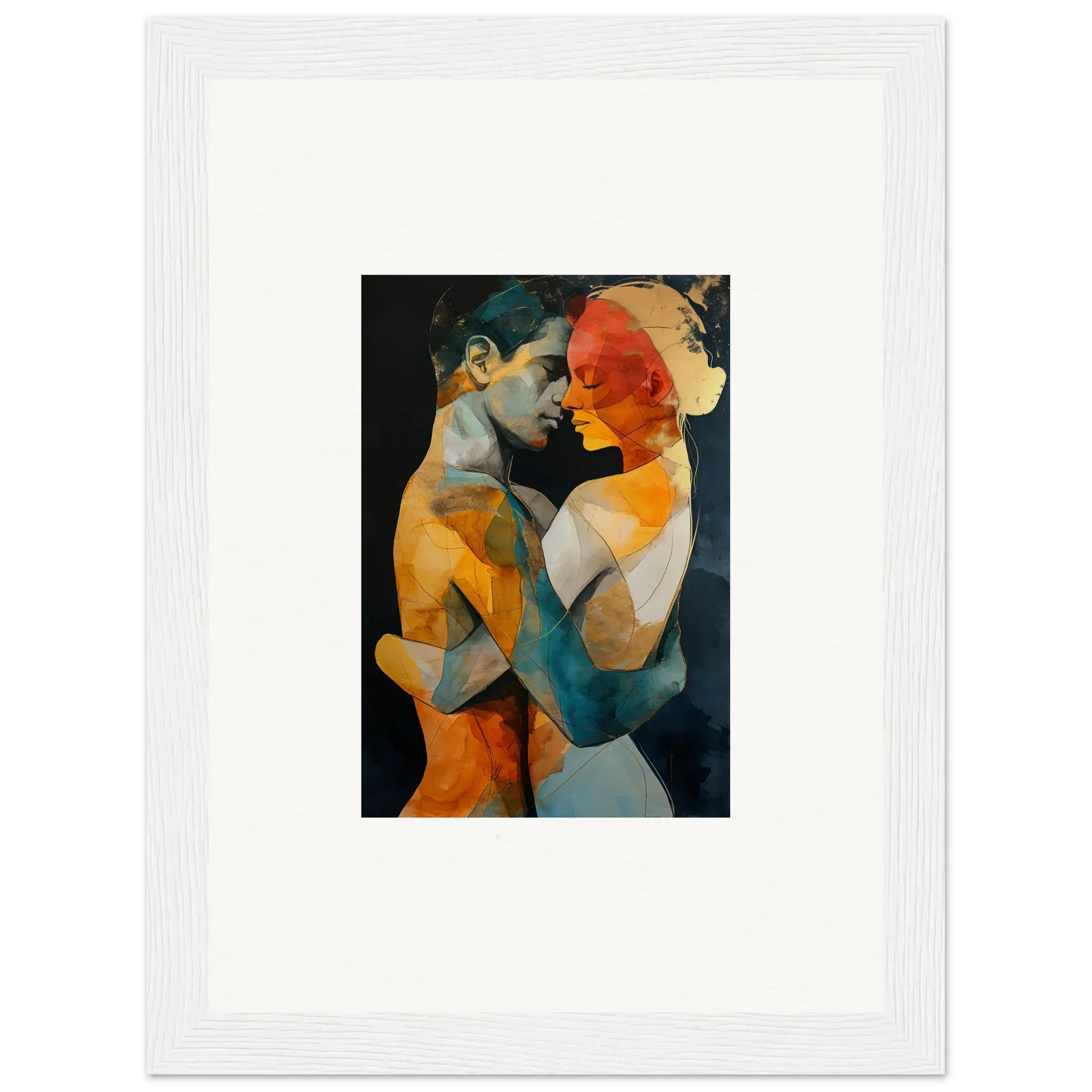 Framed wall art of intertwined figures in vibrant colors, ideal room decor with ethereal whispers