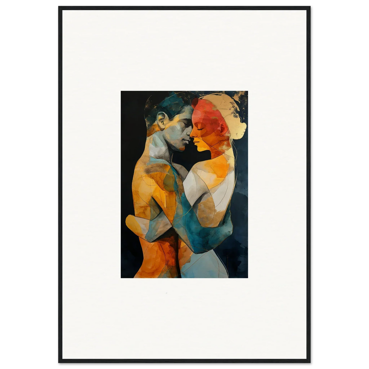 Abstract painting of two figures in warm colors, perfect for room decor as framed wall art