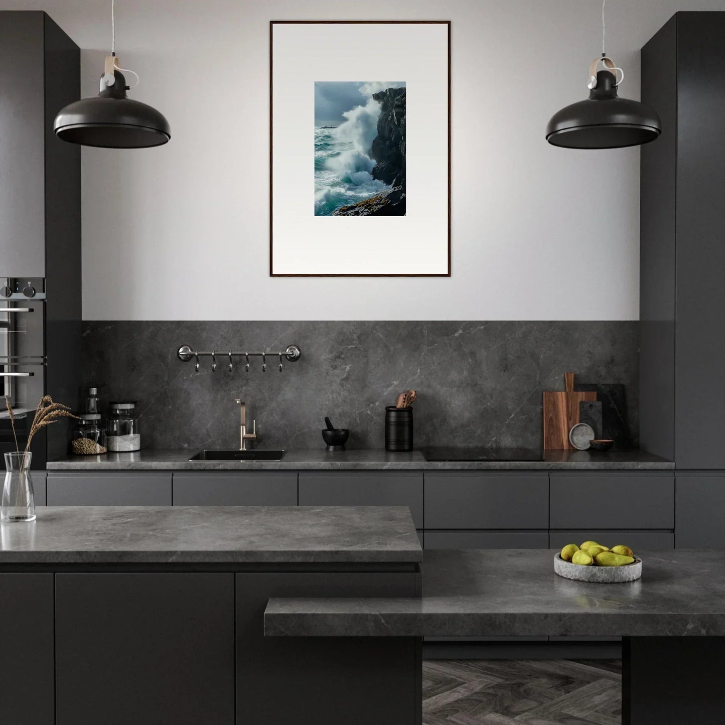 Modern kitchen with dark gray cabinets and Waves Echoed Thoughts canvas print on display