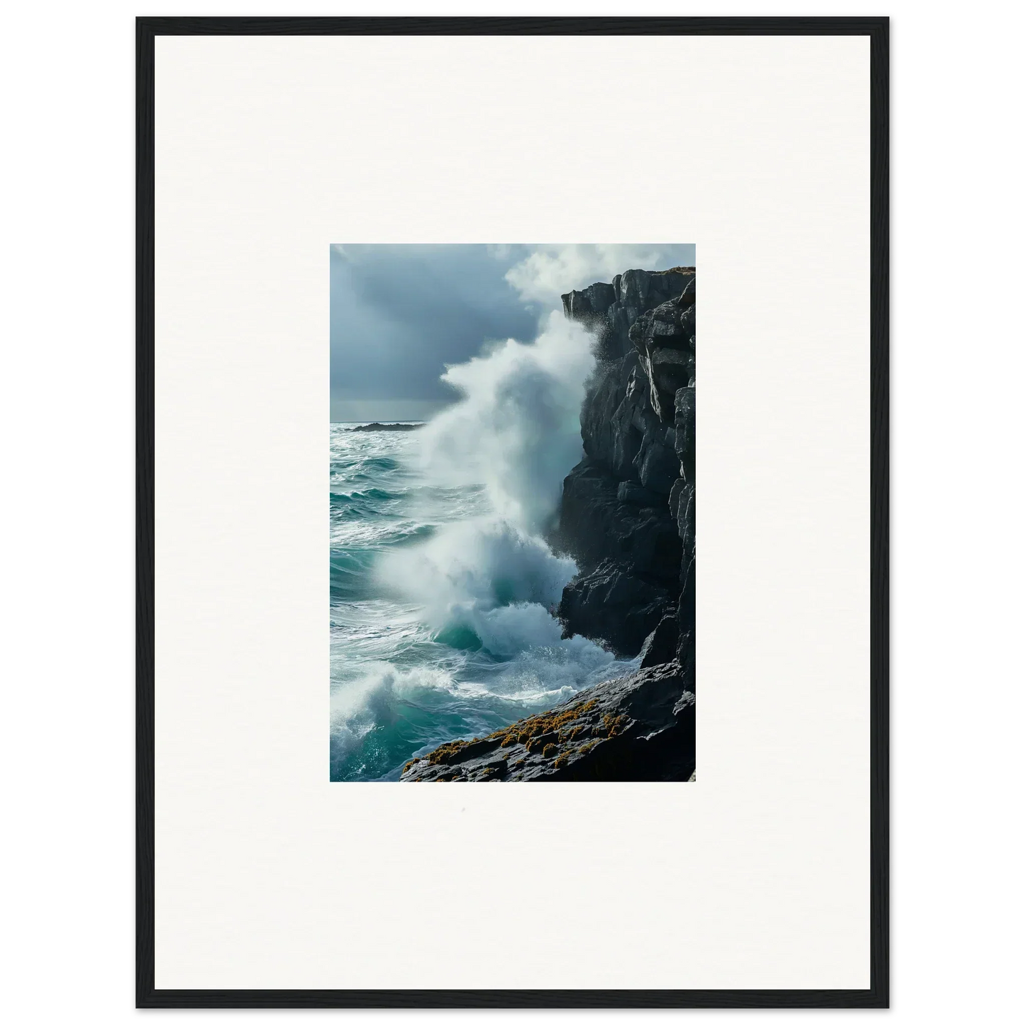 Powerful ocean wave crashing on rocky cliff, perfect for echoed thoughts canvas print