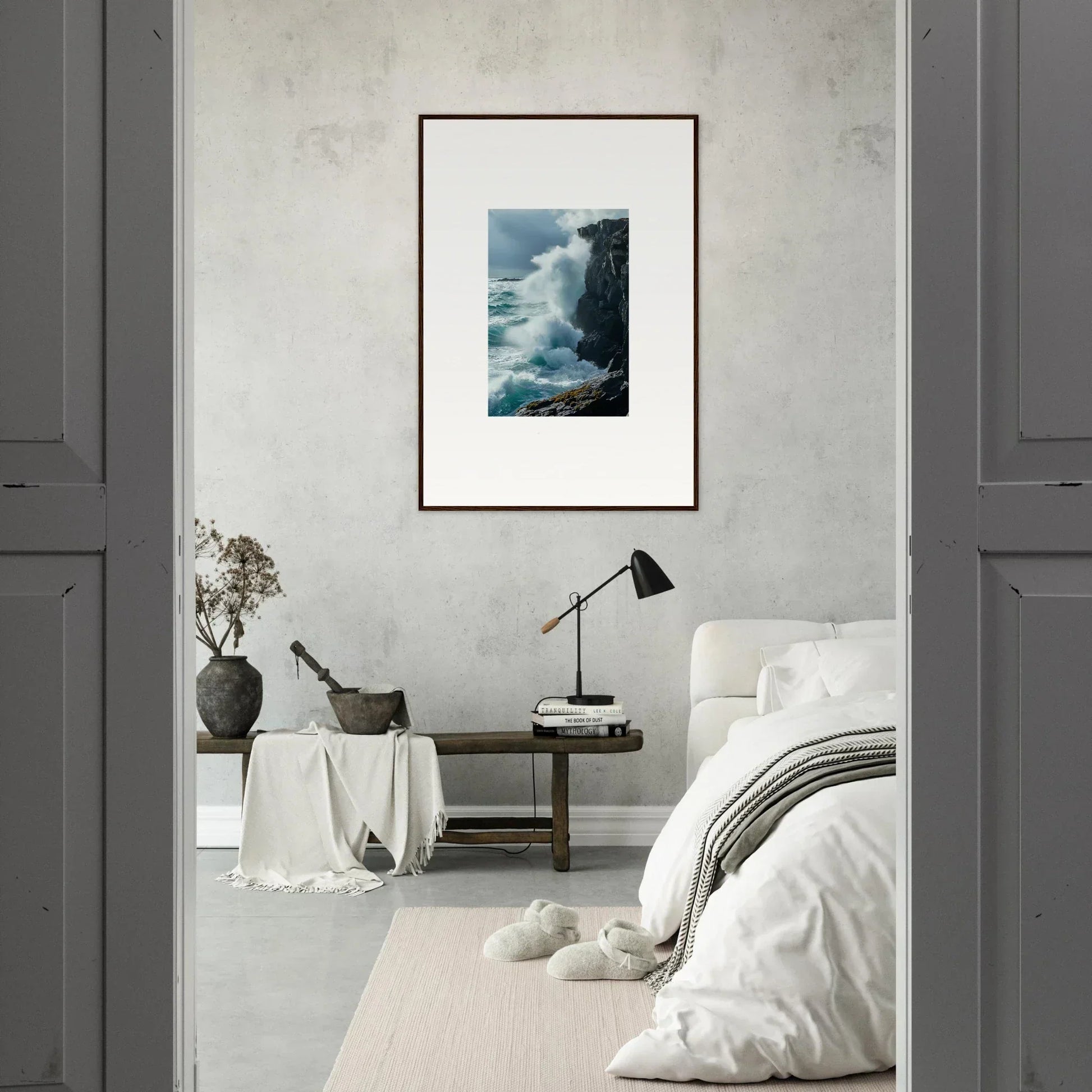 Framed photograph of crashing waves, perfect for room decoration and echoed thoughts