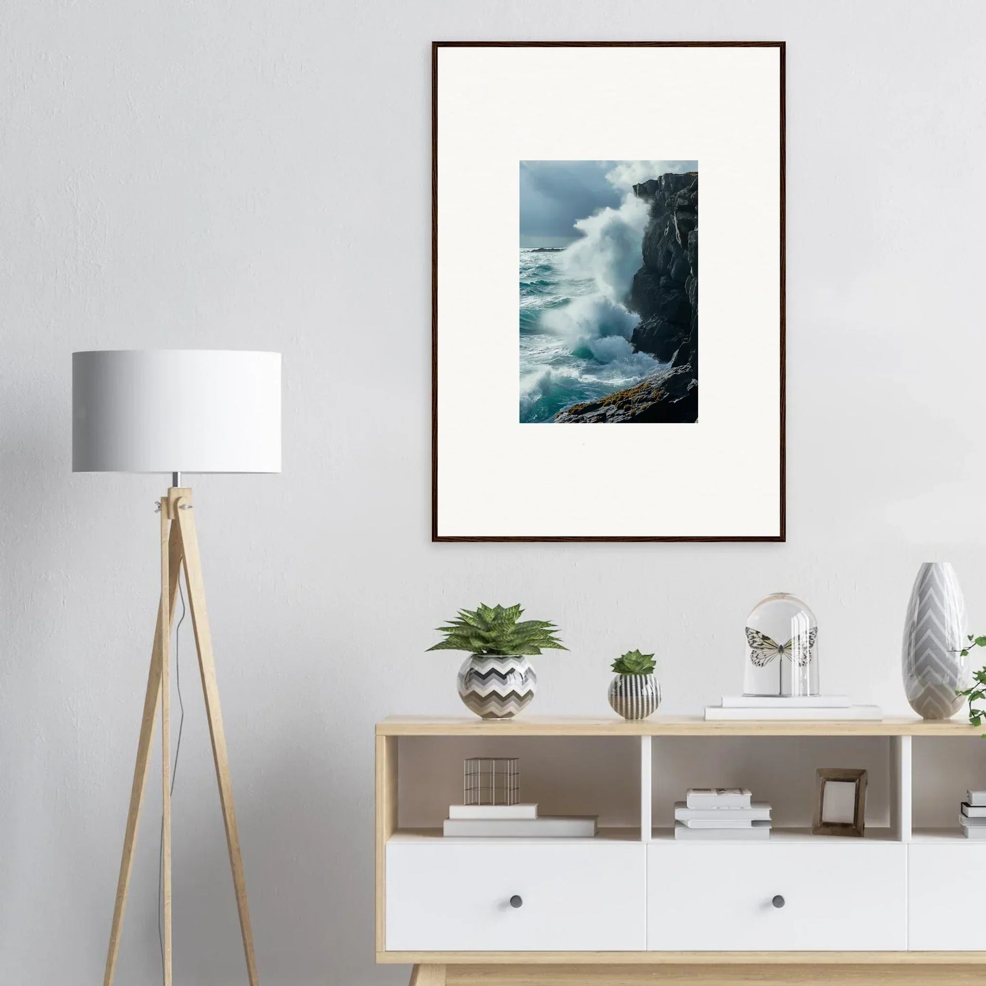 Framed canvas print of crashing waves for room decoration and echoed thoughts