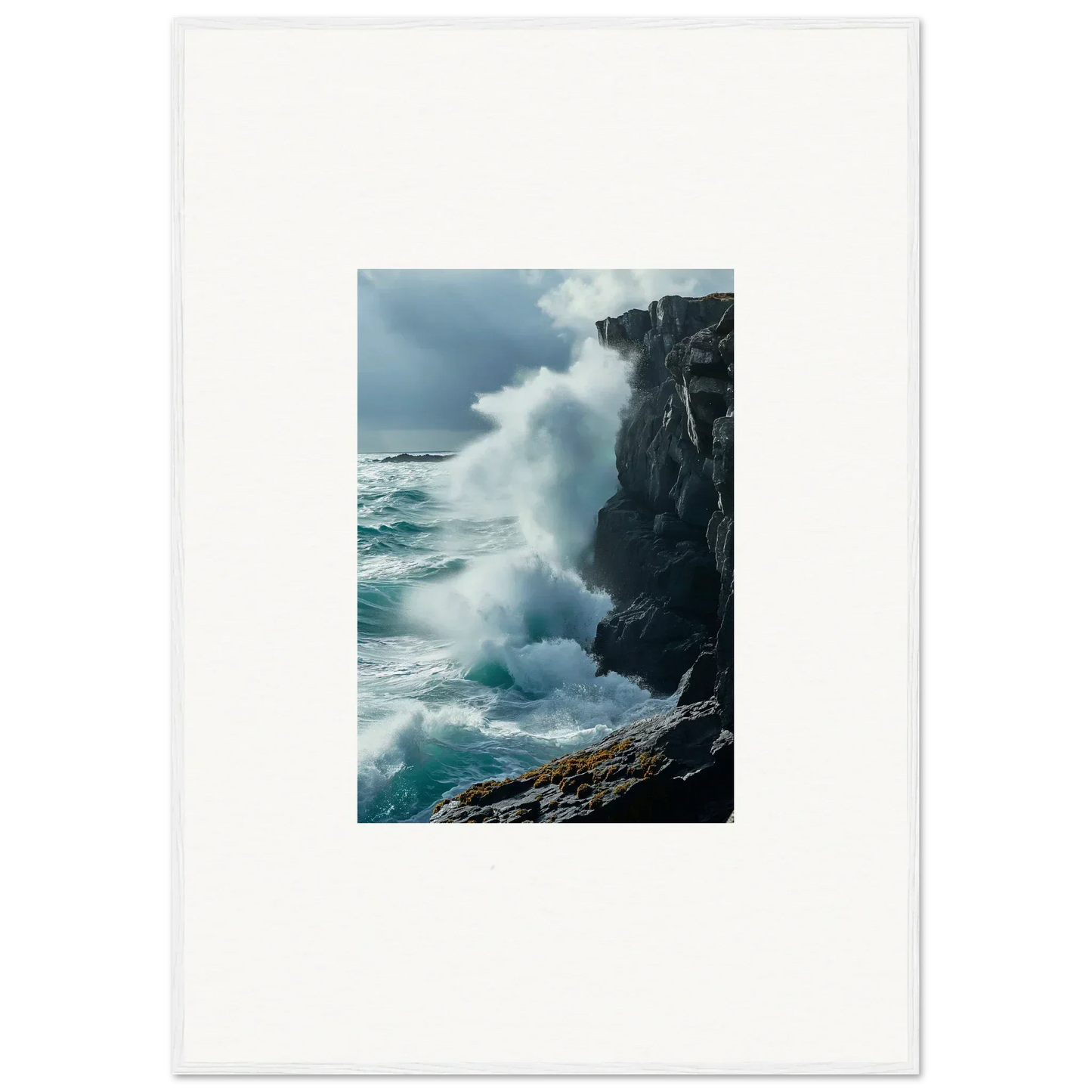 Crashing ocean wave on rocky cliff in Waves Echoed Thoughts canvas print for room decoration