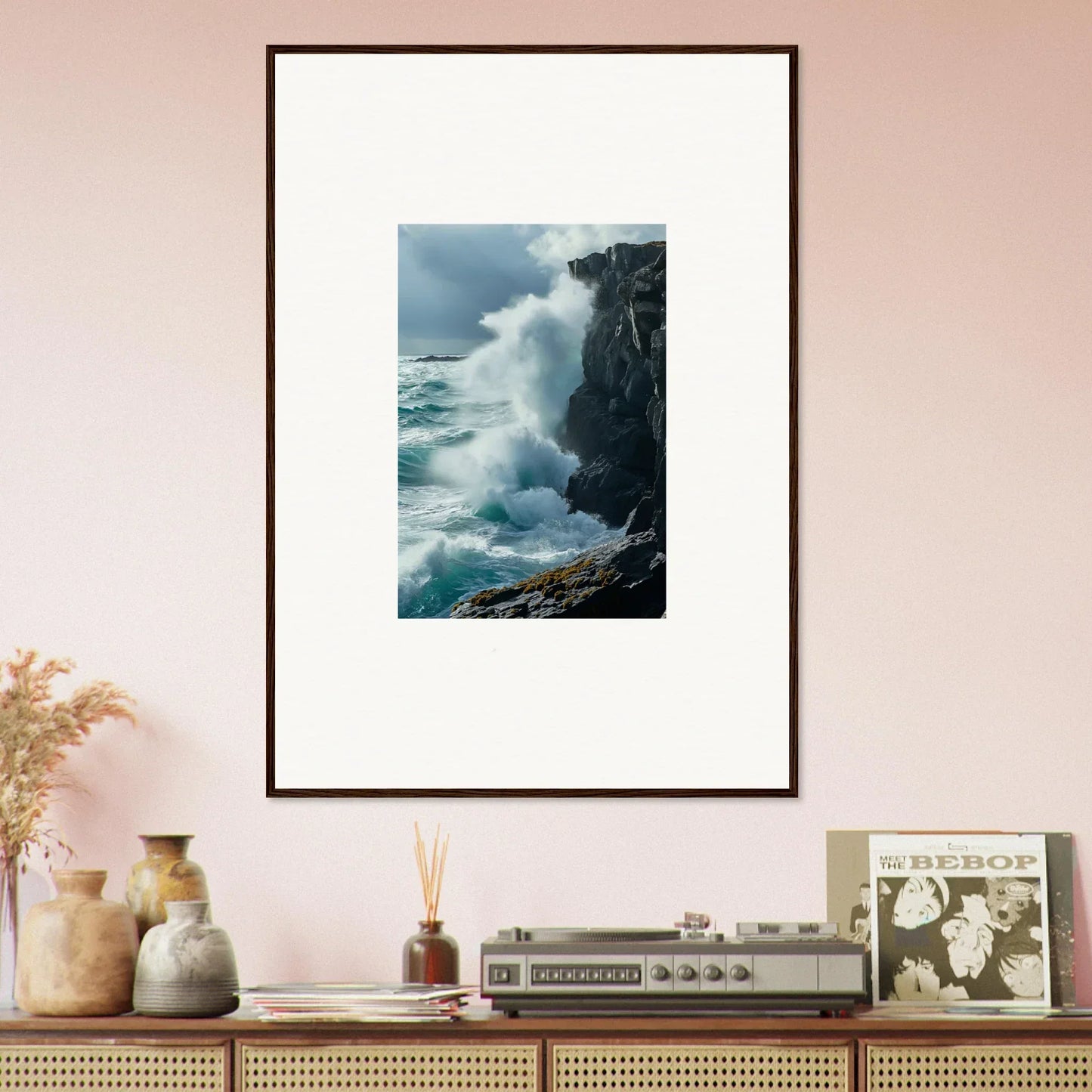 Framed photograph of crashing ocean waves for room decoration and echoed thoughts