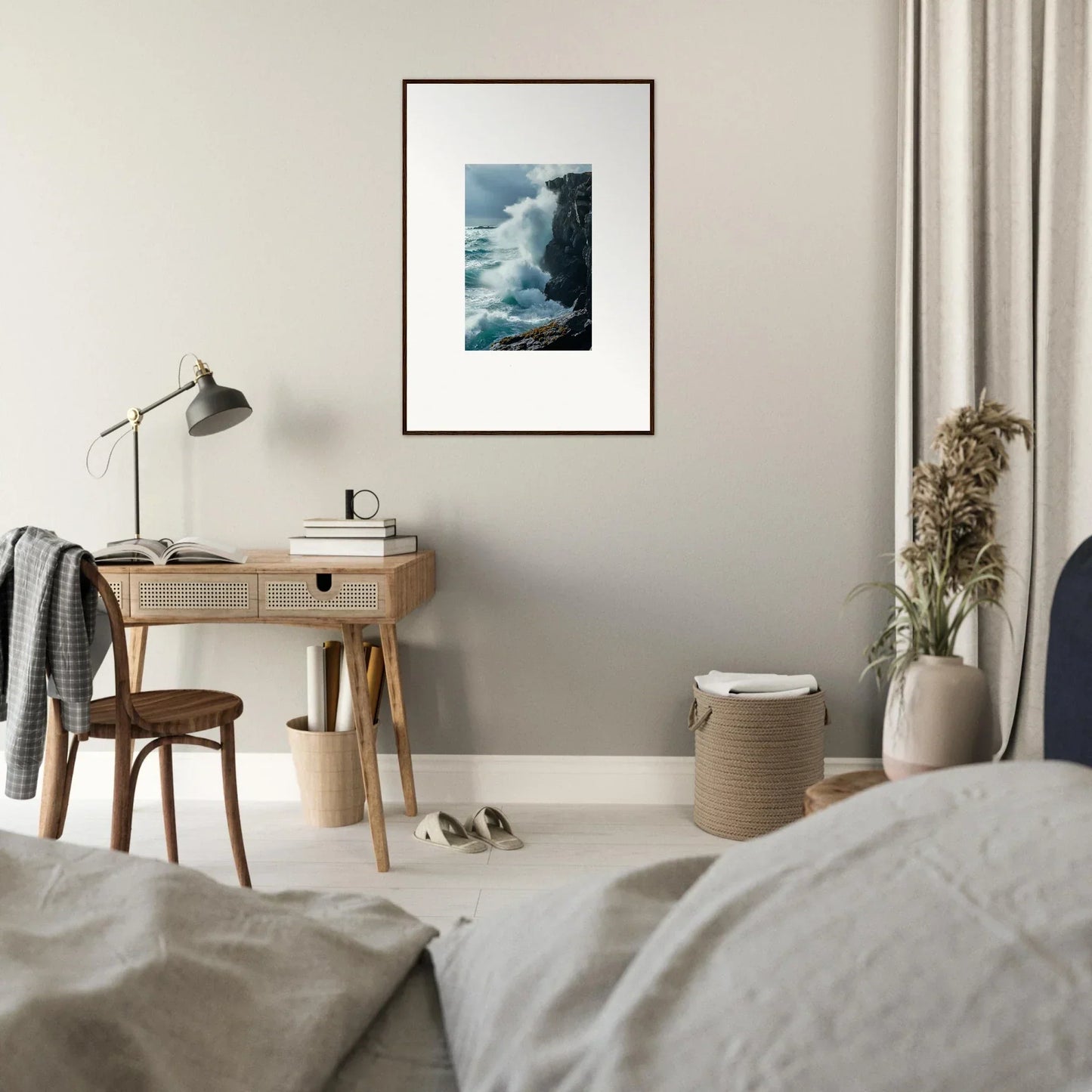 Framed canvas print of crashing ocean waves, perfect for room decoration and echoed thoughts