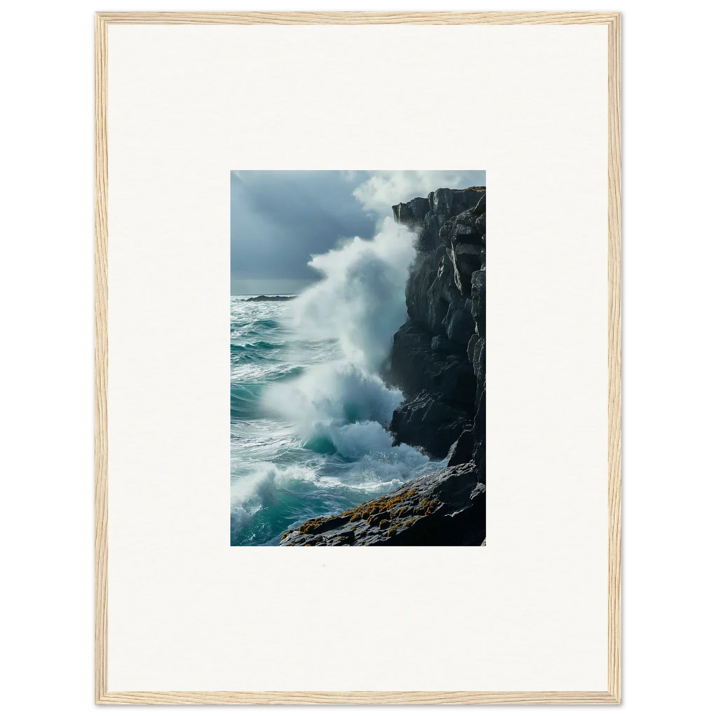 Framed canvas print of waves crashing, perfect for room decoration and echoed thoughts