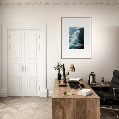 Minimalist workspace with wooden desk, typewriter, and canvas print for echoed thoughts