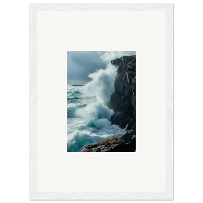 Powerful ocean wave crashes on rocky cliff, perfect for echoed thoughts canvas print