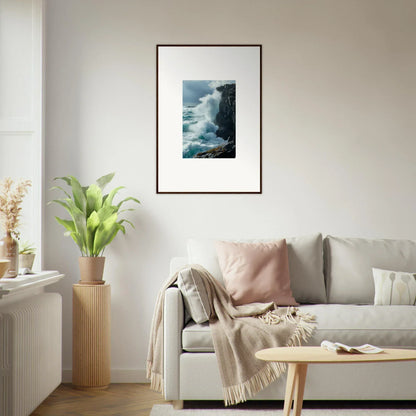 Framed canvas print of crashing waves on a rocky cliff for echoed thoughts room decoration