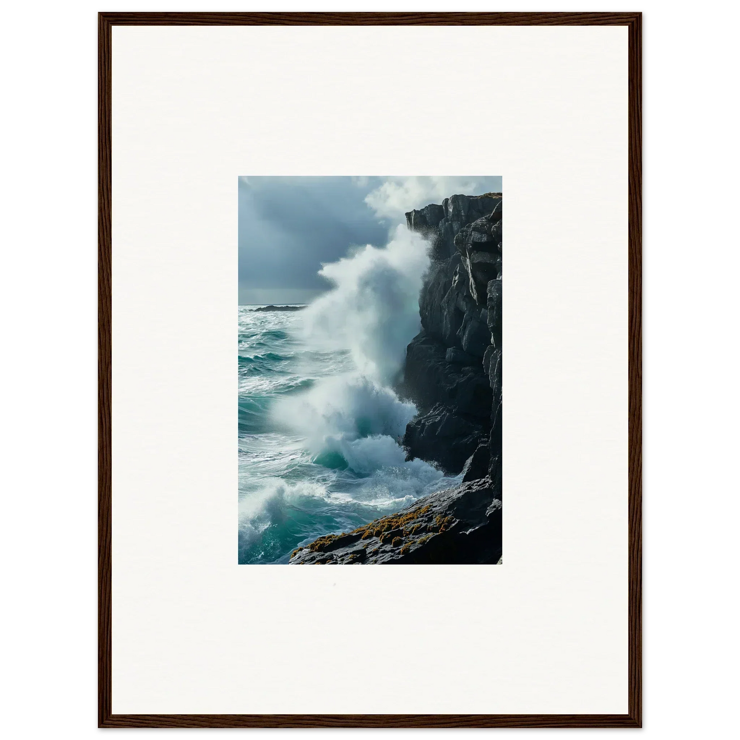 Framed photograph of crashing ocean waves, perfect for echoing thoughts in room decoration