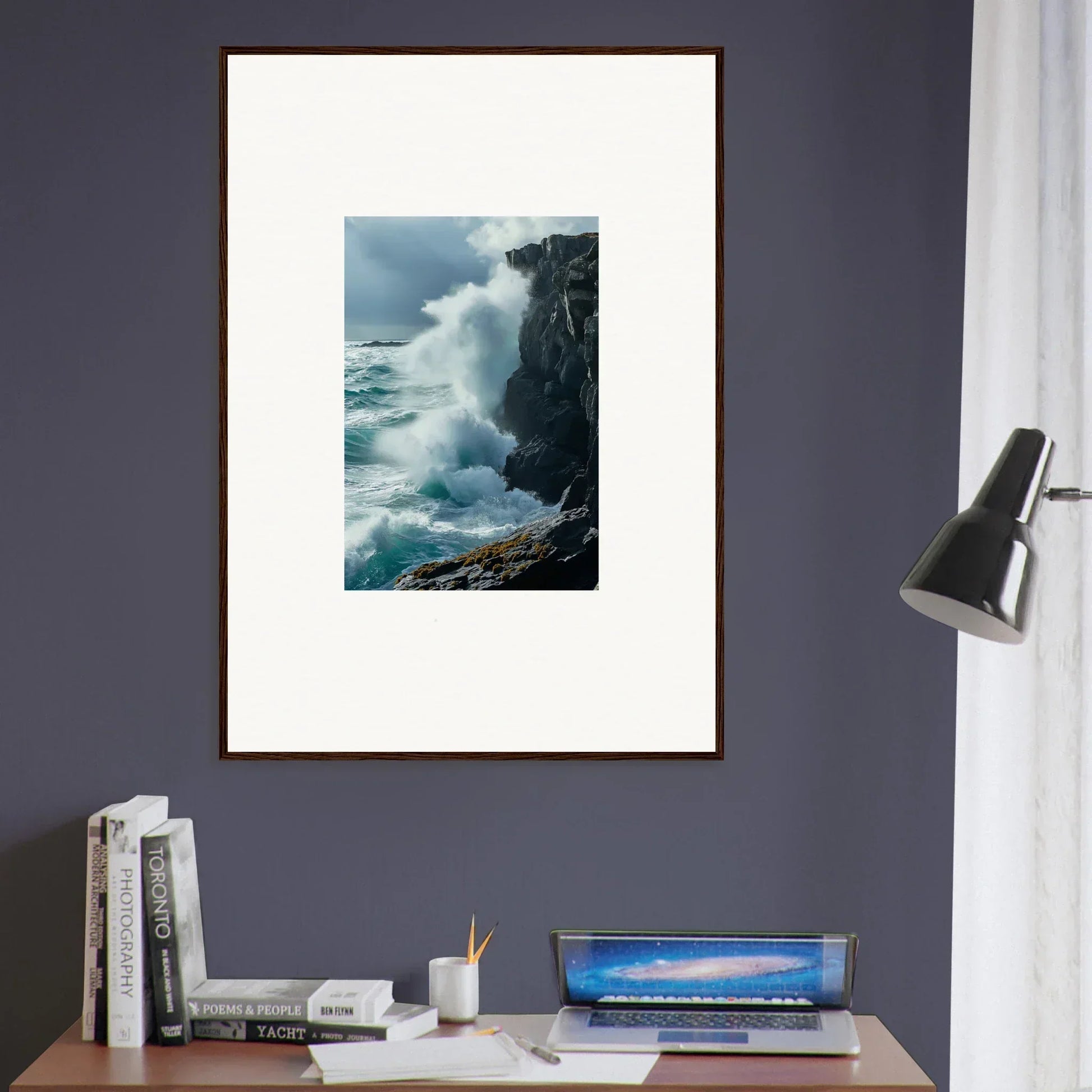 Framed print of crashing waves at a cliff, perfect for room decoration and echoed thoughts