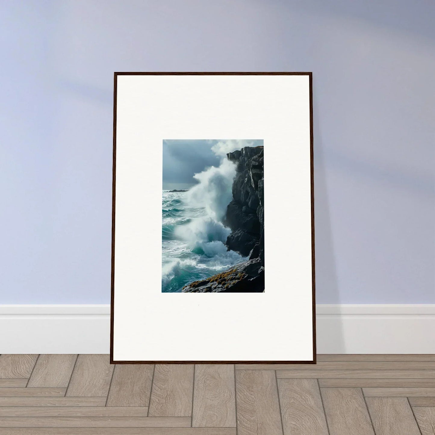 Framed canvas print of crashing waves, perfect for echoed thoughts in room decoration