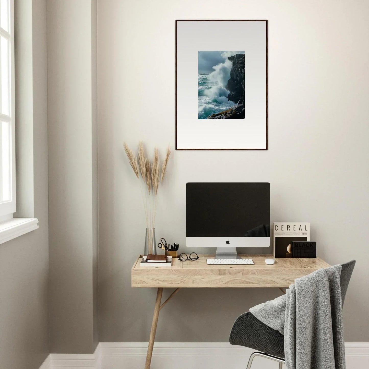 Minimalist wooden desk with computer and Waves Echoed Thoughts canvas print art