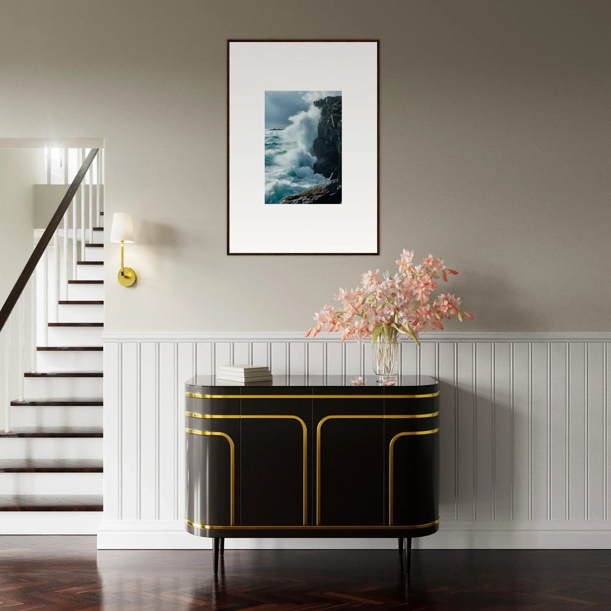 Elegant black and gold console table with canvas print for stylish room decoration