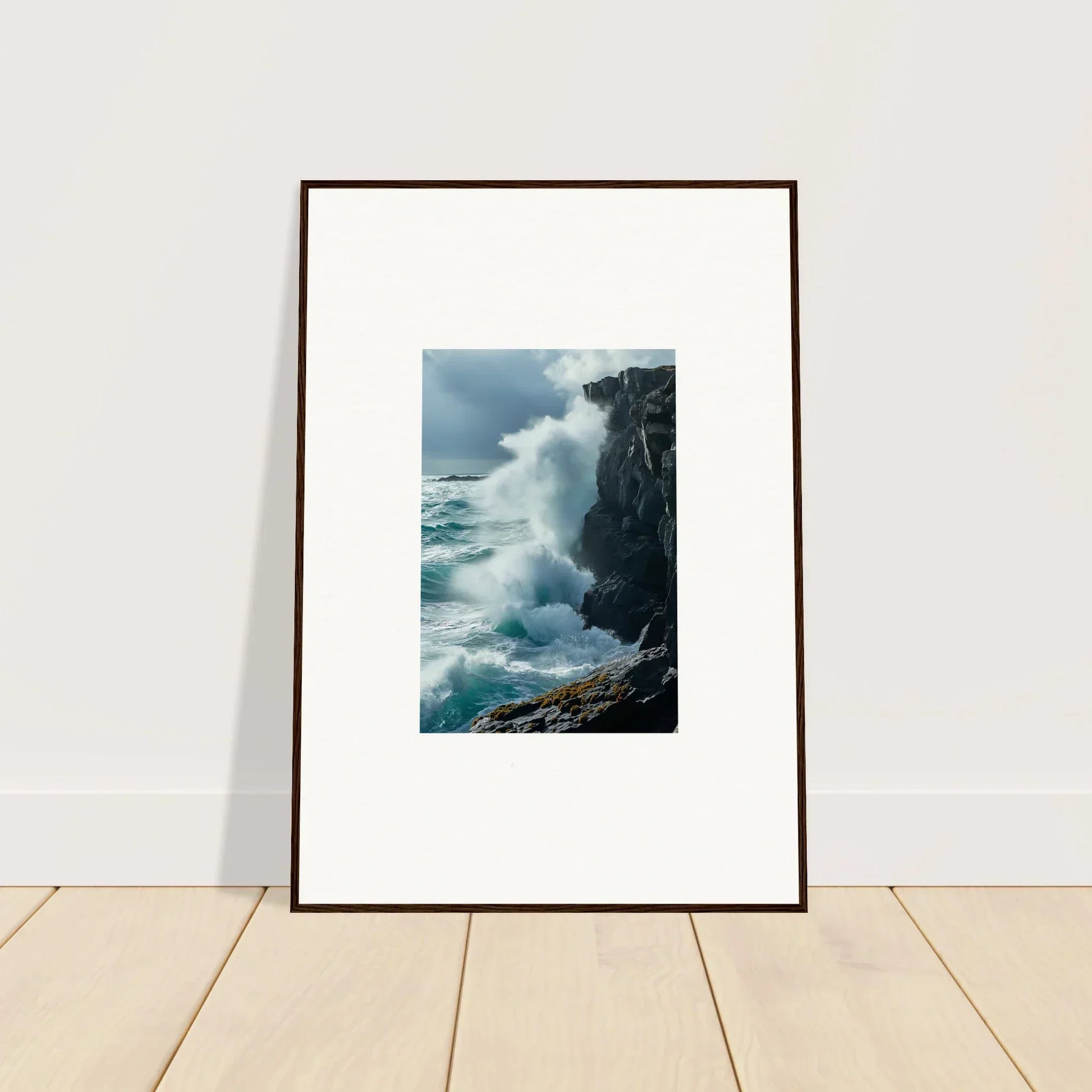 Framed photograph of crashing waves, perfect for room decoration and echoed thoughts