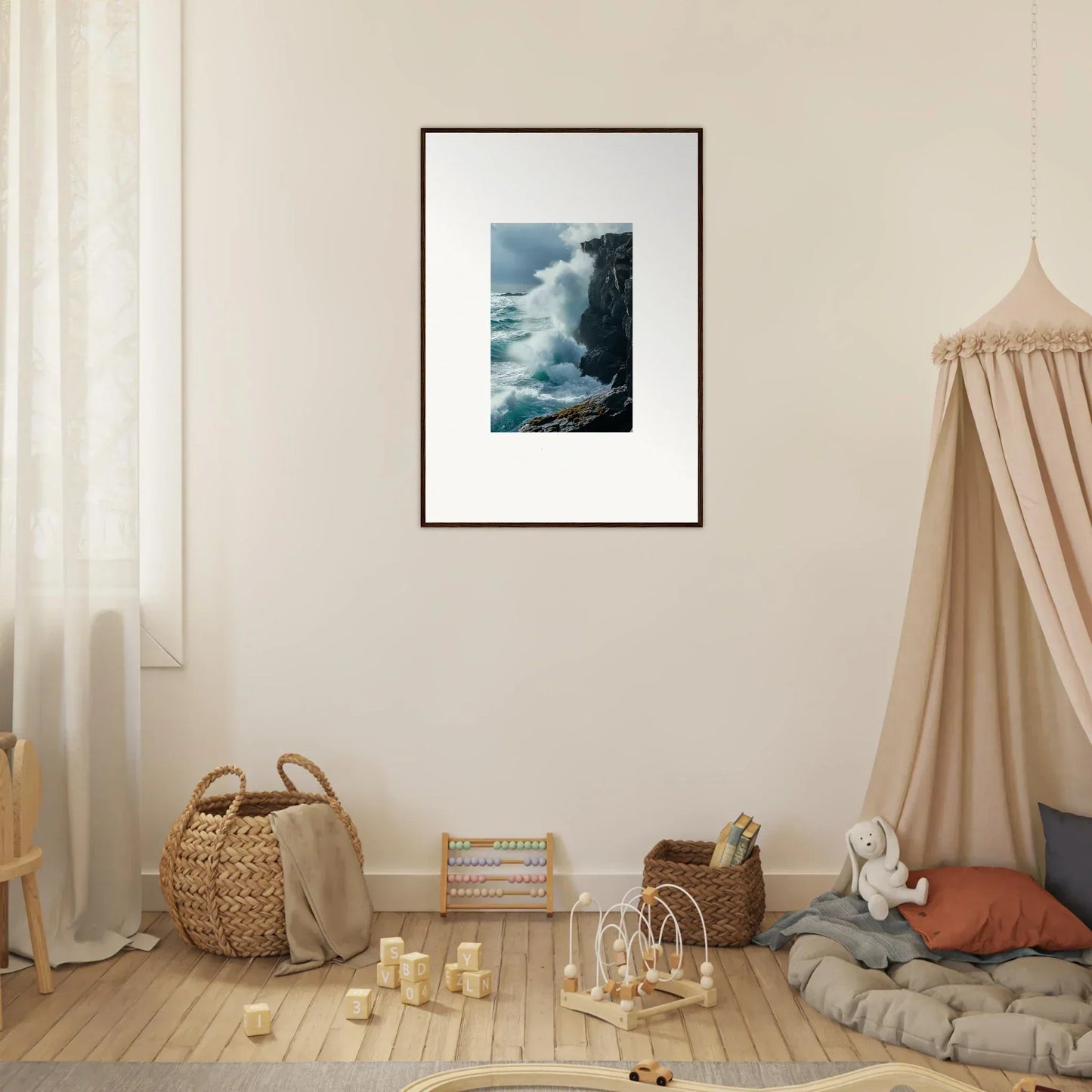 Framed photograph of a rocky coastline with waves, perfect for room decoration and echoed thoughts