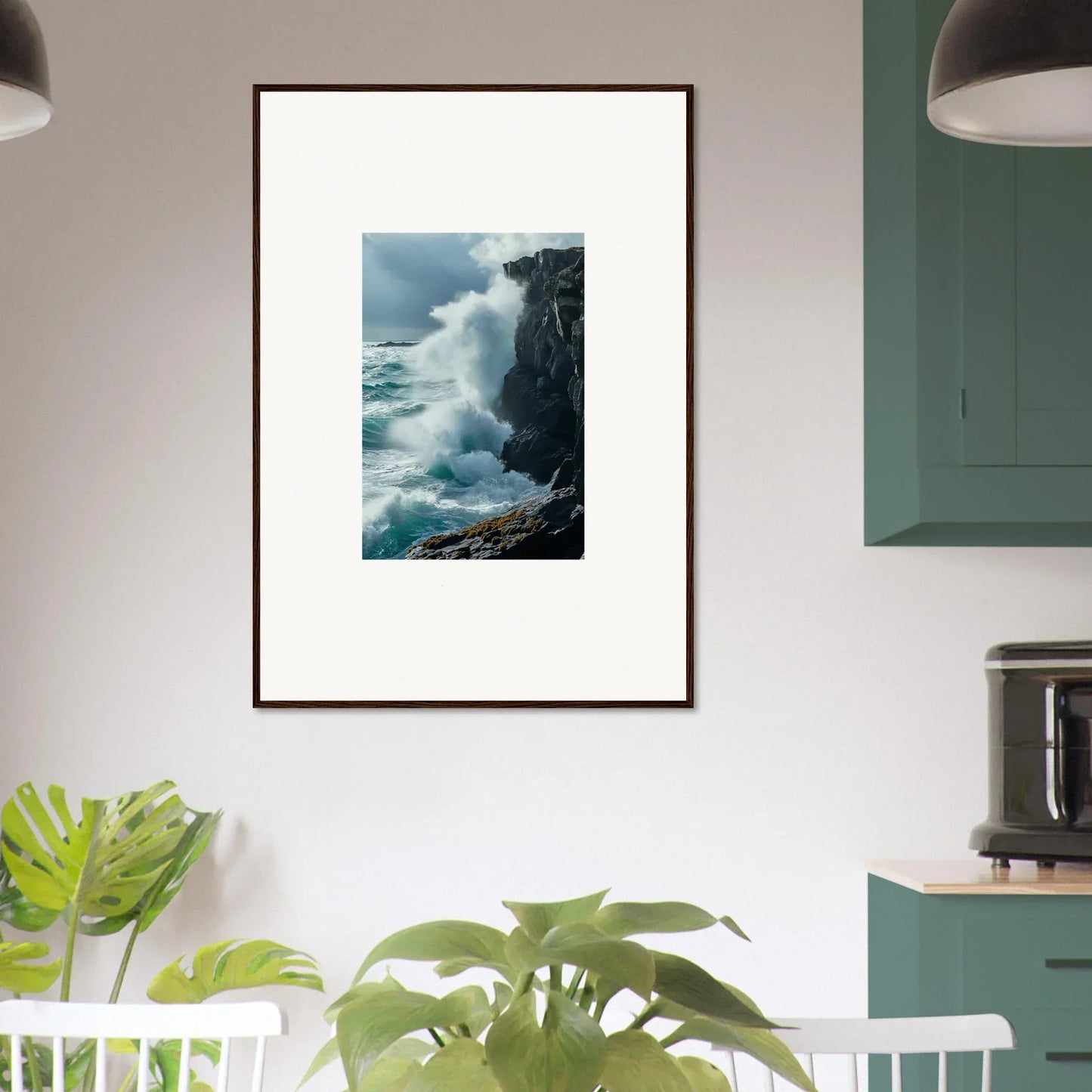 Framed canvas print of crashing ocean waves, perfect for echoed thoughts in room decoration