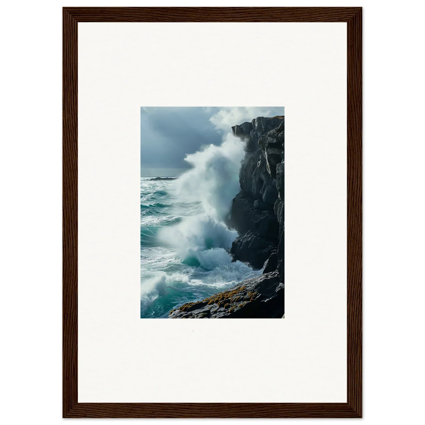 Powerful ocean wave crashing on rocky cliff, perfect for echoed thoughts canvas print