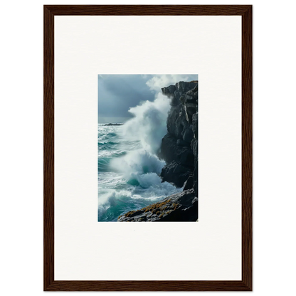 Powerful ocean wave crashing on rocky cliff, perfect for echoed thoughts canvas print