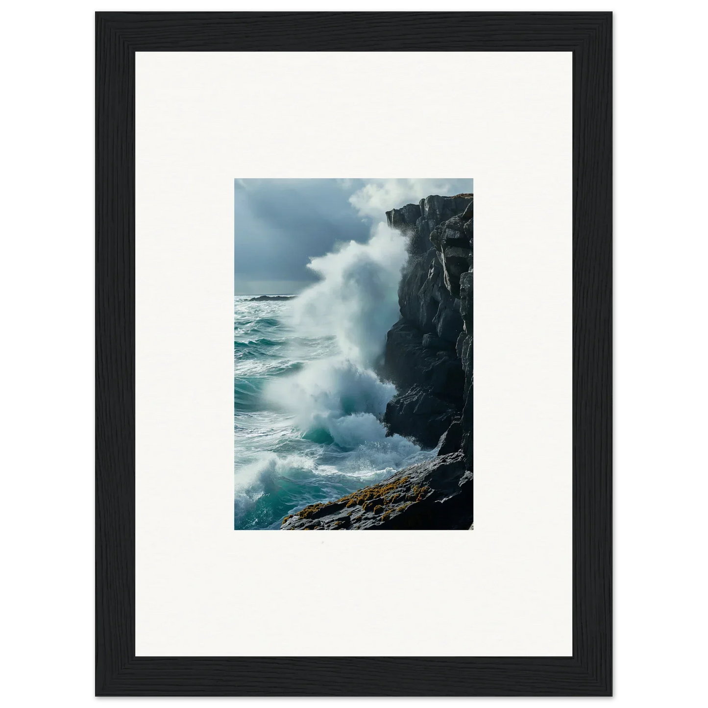 Framed ocean waves crashing on cliffs, perfect for room decoration or canvas print