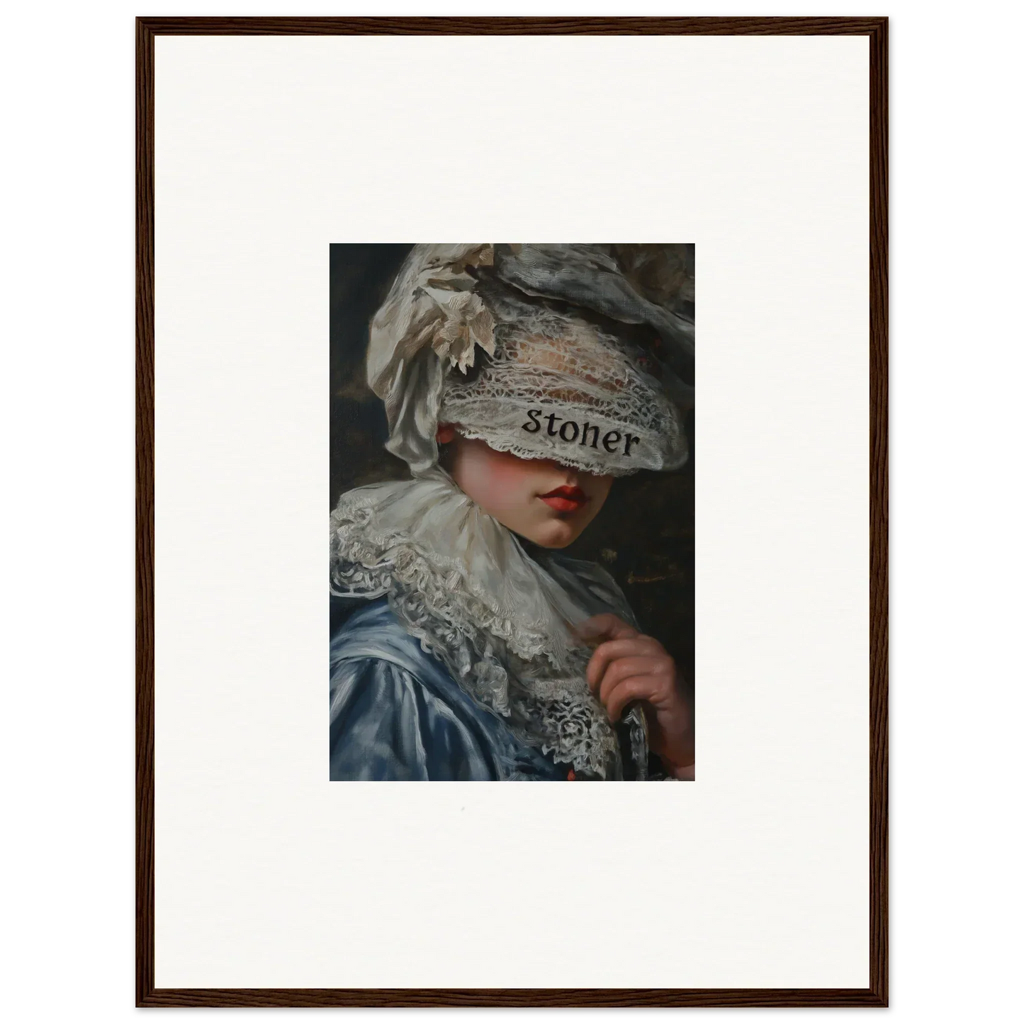 Framed canvas print of a person in period costume blindfolded for unique wall art