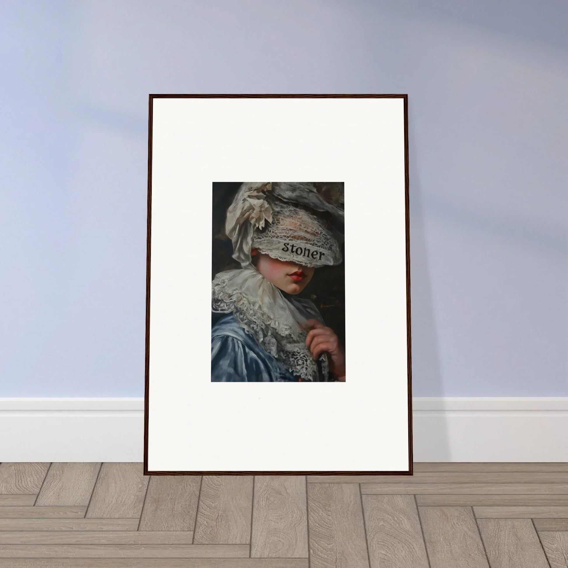 Framed wall art of a blindfolded figure in historical dress, perfect for room decoration