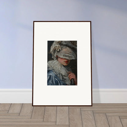 Framed wall art of a blindfolded figure in historical dress, perfect for room decoration