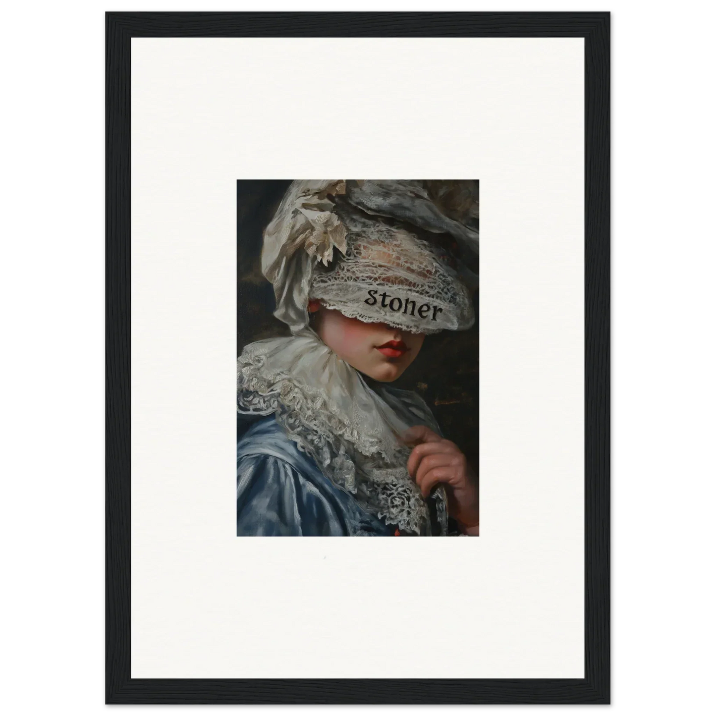 Framed wall art of a person in an elaborate hat, perfect for room decoration