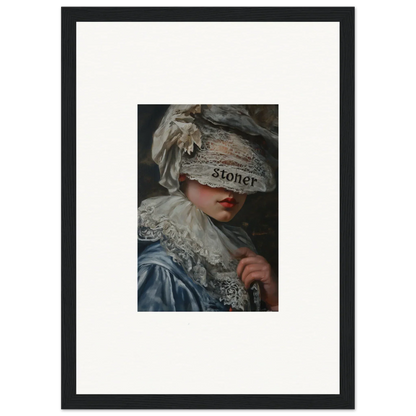 Framed wall art of a person in an elaborate hat, perfect for room decoration