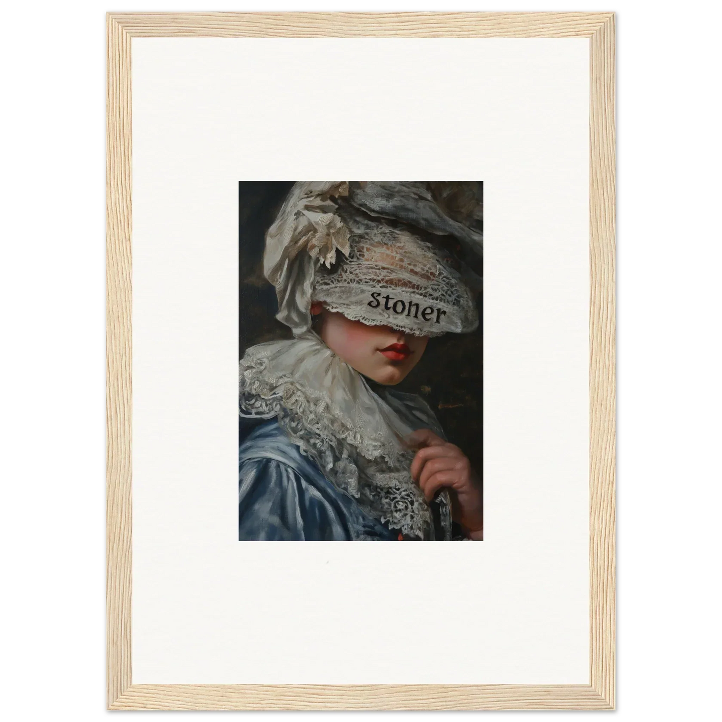 Framed wall art featuring a blindfolded figure in ornate costume, perfect for room decoration