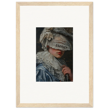 Framed wall art featuring a blindfolded figure in ornate costume, perfect for room decoration