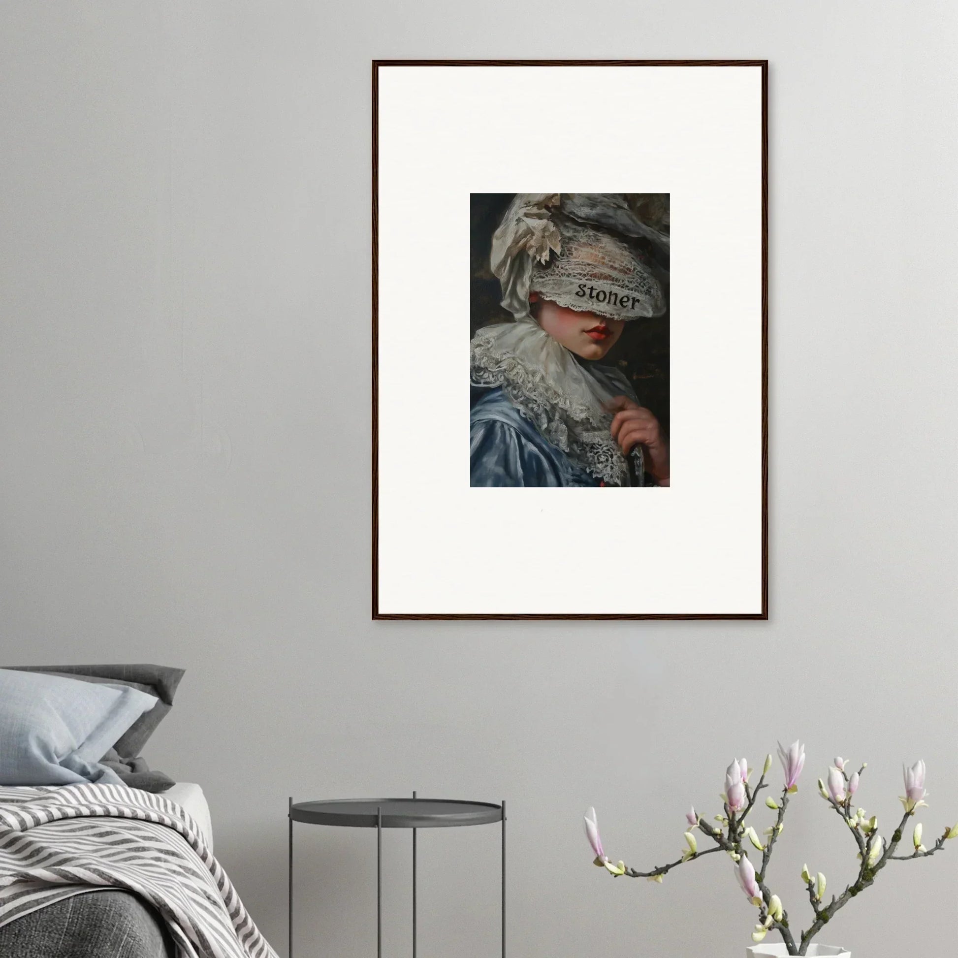 Framed canvas print of a blindfolded figure, perfect for unique room decoration