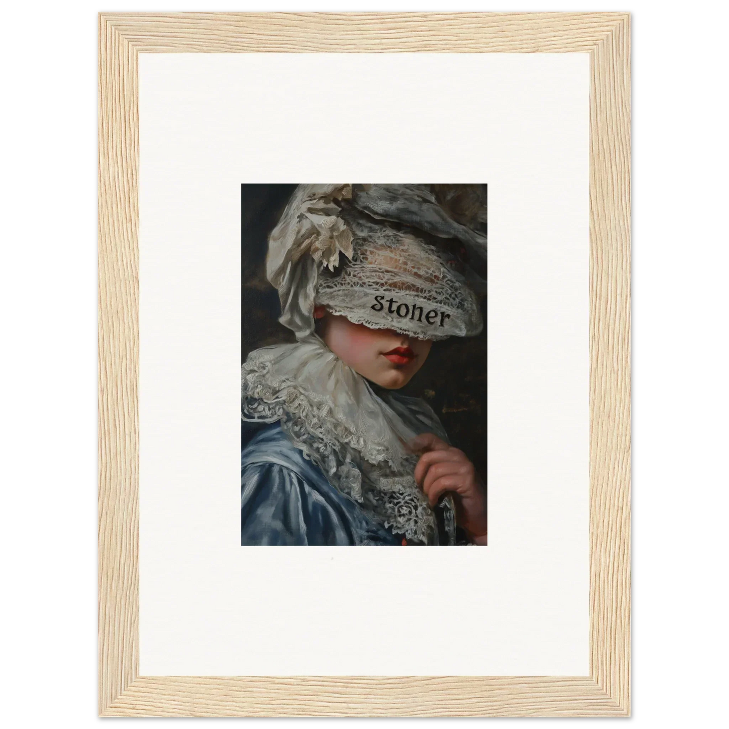 Framed wall art of a person in a fancy costume with a Stoner headpiece, perfect for room decoration