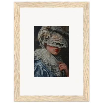 Framed wall art of a person in a fancy costume with a Stoner headpiece, perfect for room decoration