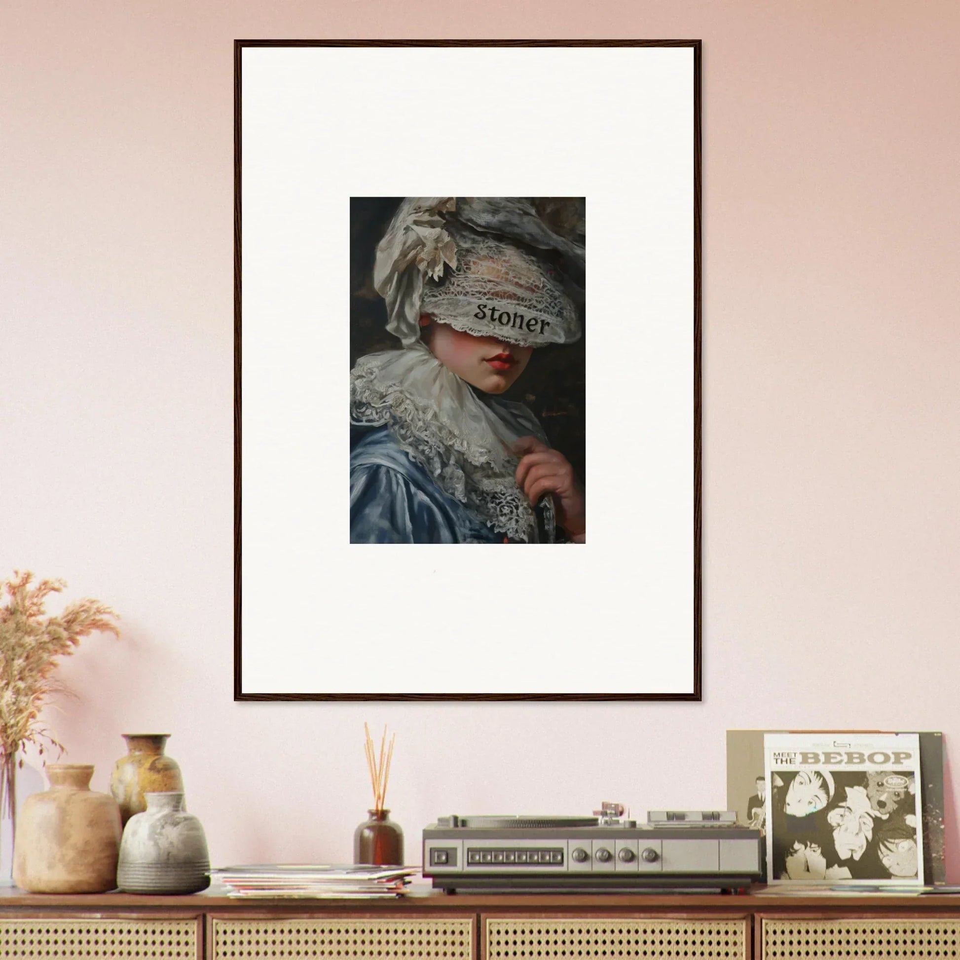 Framed canvas print of a person in blue outfit and wig, perfect for room decoration