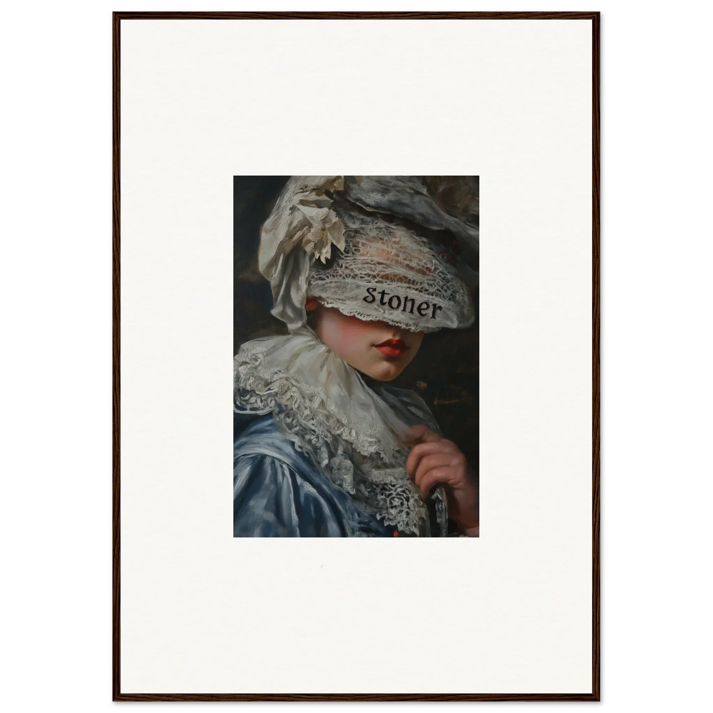 Framed wall art of a person in a fancy costume with a headpiece labeled Stoner