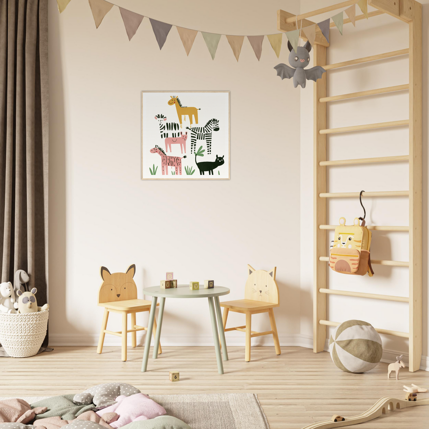 Children’s play area featuring a mint green table and wooden animal chairs from Whimsical Beast Ballet