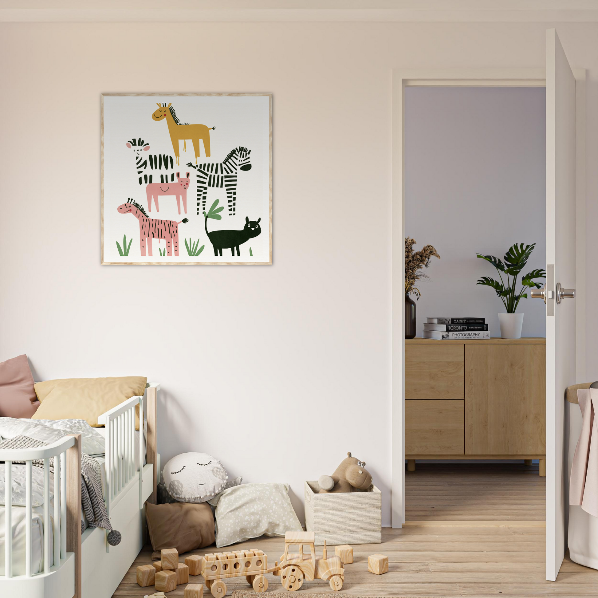 Framed children’s art print featuring whimsical beast ballet with safari animals