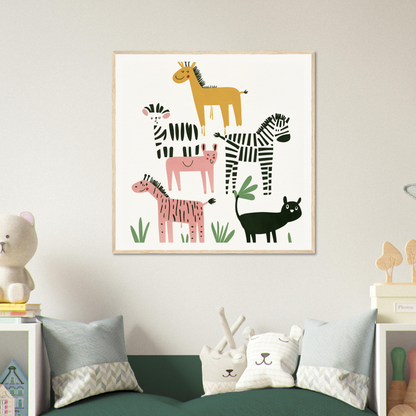 Framed artwork of colorful cartoon animals in Whimsical Beast Ballet design