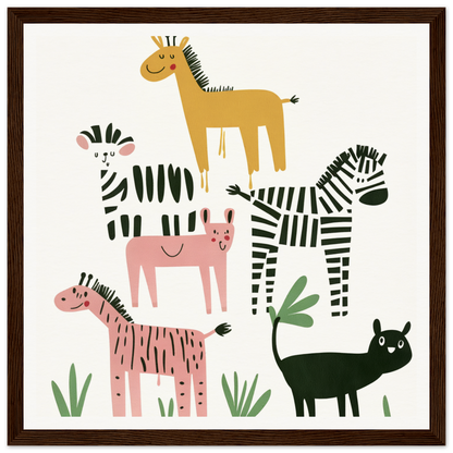 Whimsical Beast Ballet featuring cartoon zebras, giraffe, tigers, and a black cat