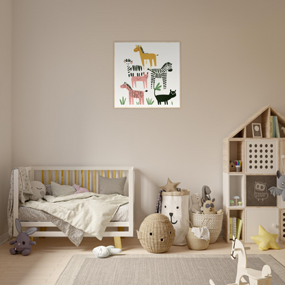 Nursery wall art of whimsical beast ballet with a giraffe, zebra, and black cat