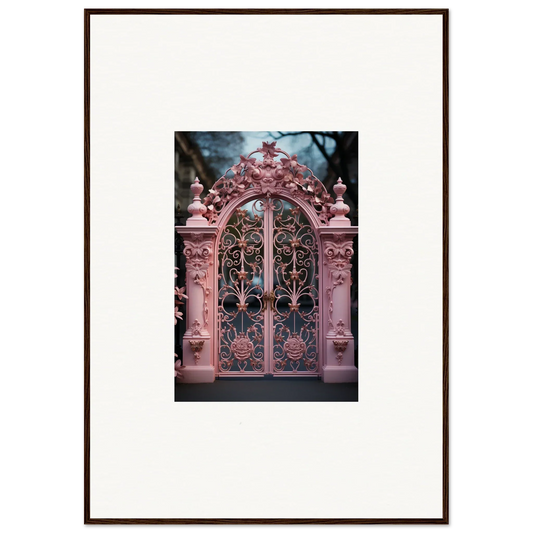 Ornate pink metal gate with scrollwork from Whimsical Bicycle Mirage framed wall art