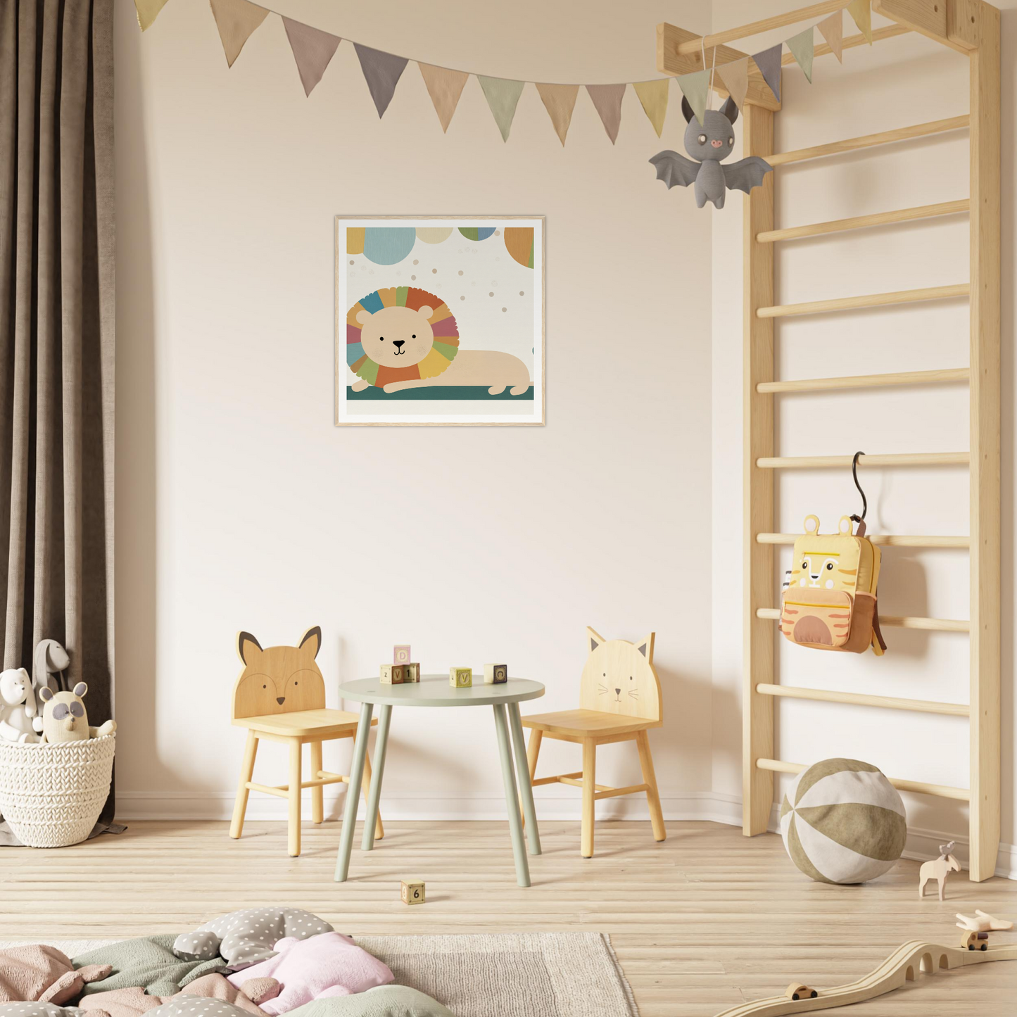 Children’s play area featuring a round table and animal-themed chairs in Whimsical Geometric Serengeti