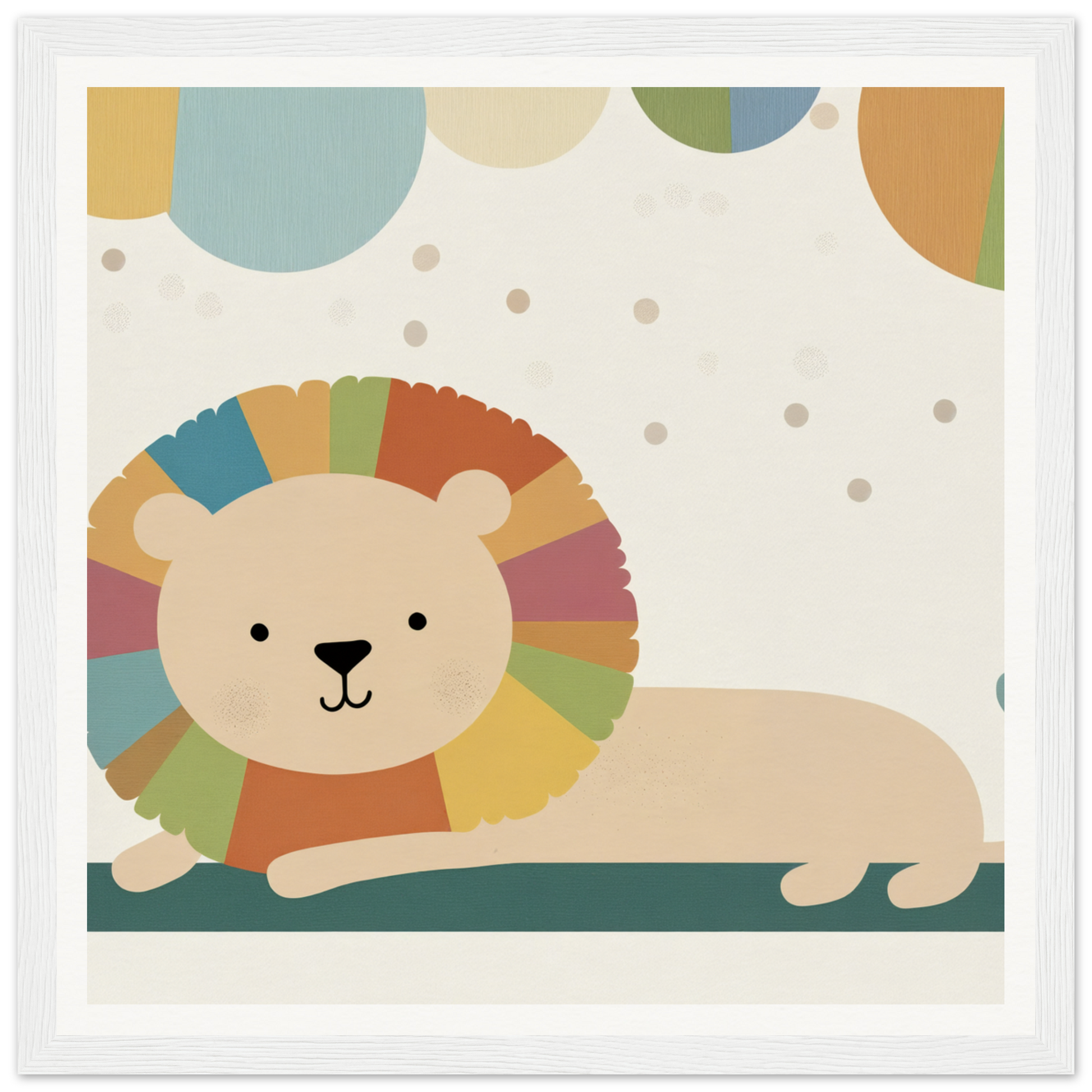 Cartoon lion with colorful rainbow mane resting in Whimsical Geometric Serengeti