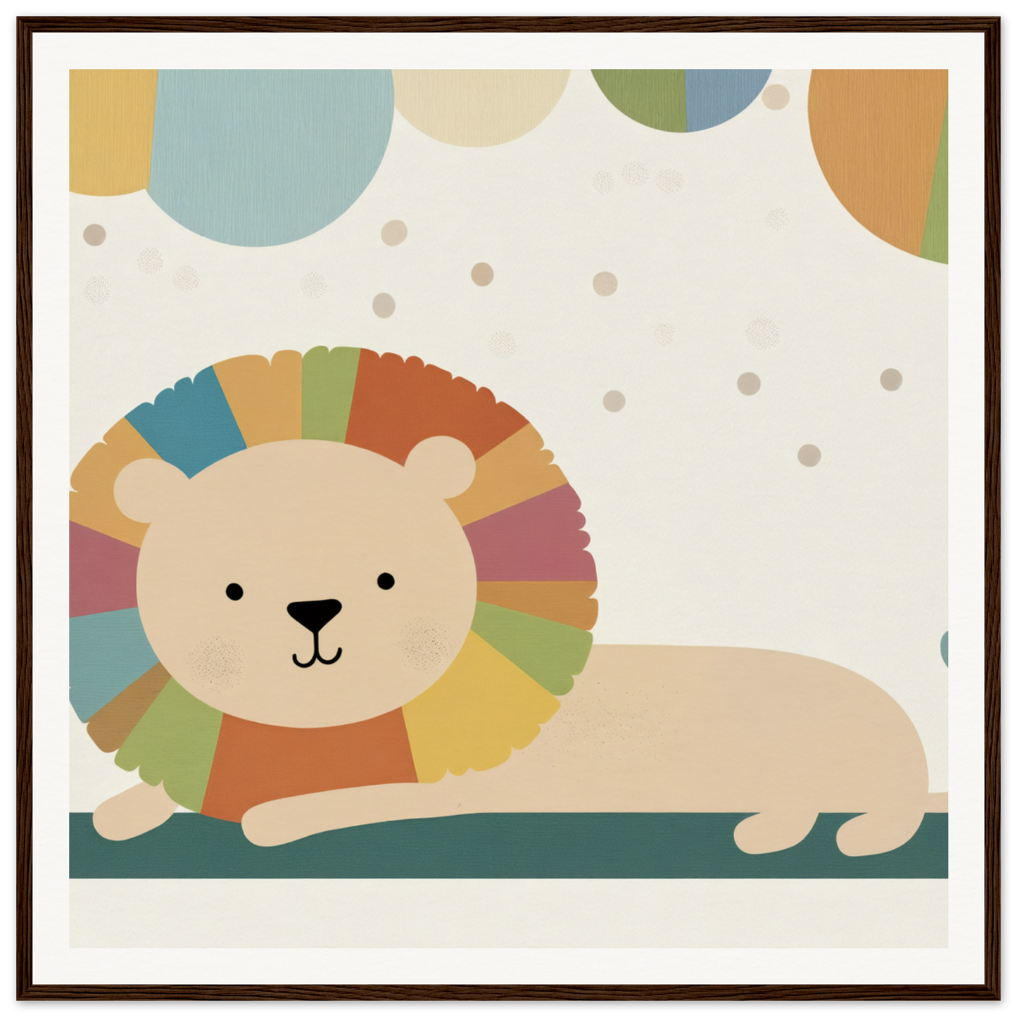 Cartoon lion with colorful rainbow mane in Whimsical Geometric Serengeti design