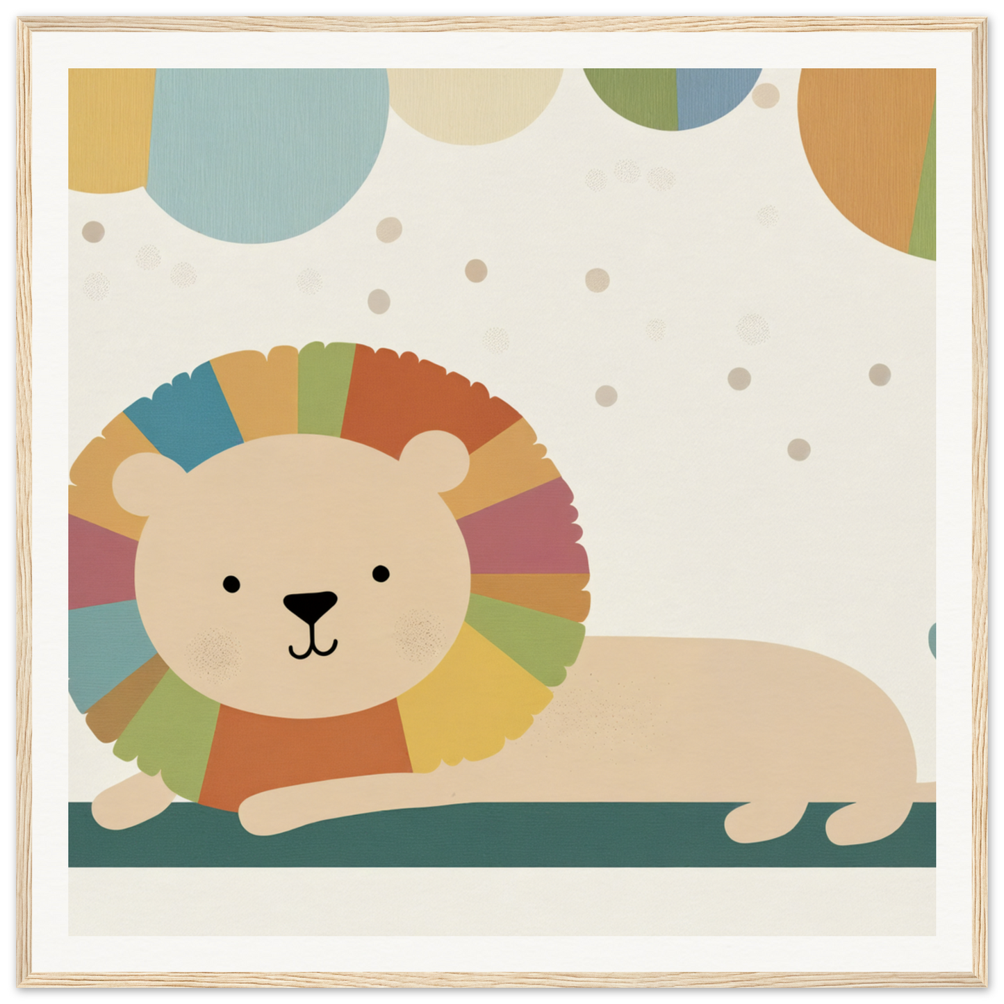 Cartoon lion with a rainbow mane lounging in Whimsical Geometric Serengeti design