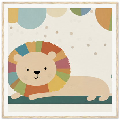 Cartoon lion with a rainbow mane lounging in Whimsical Geometric Serengeti design