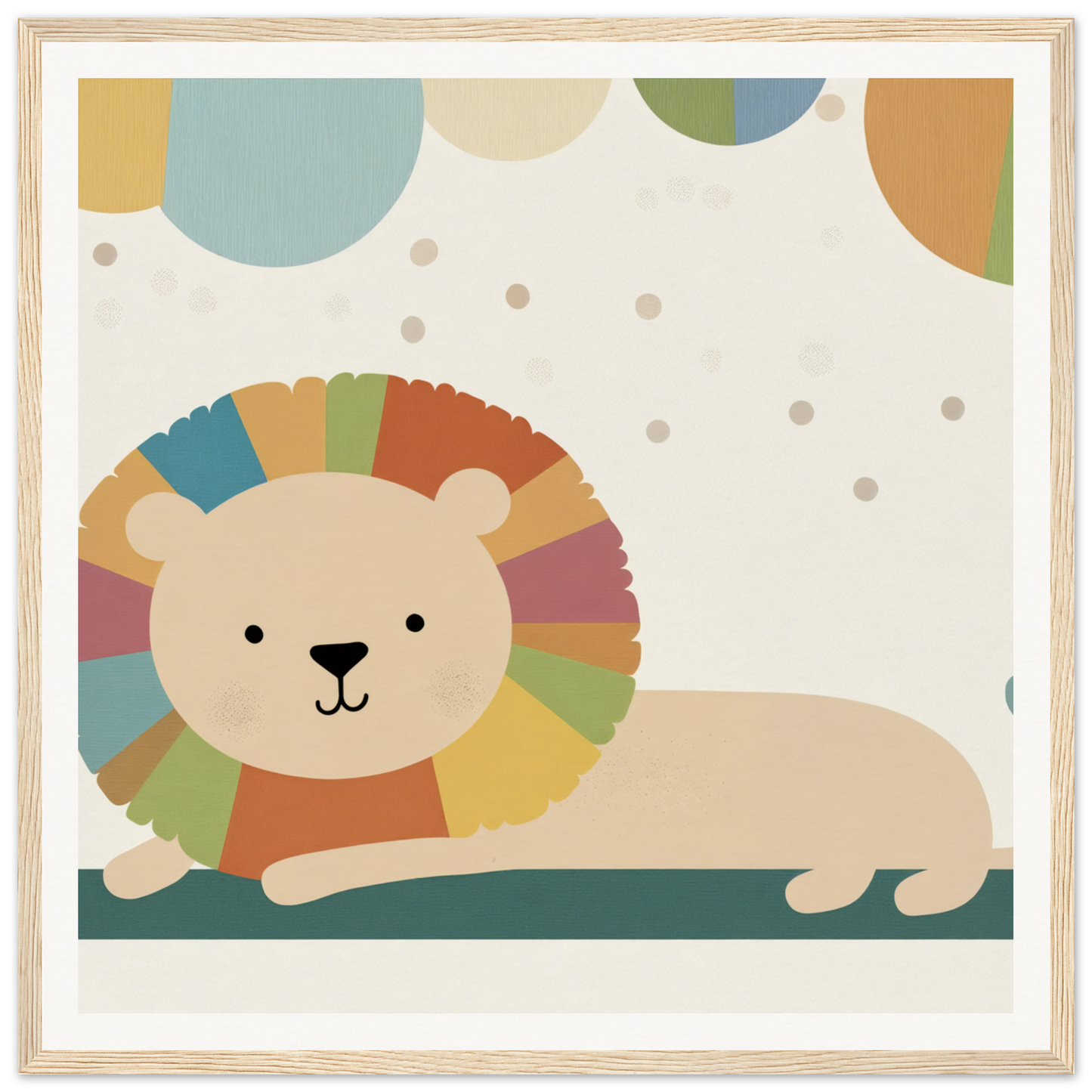 Cute cartoon lion with a colorful rainbow mane in Whimsical Geometric Serengeti design