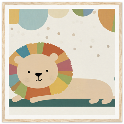 Cute cartoon lion with a colorful rainbow mane in Whimsical Geometric Serengeti design